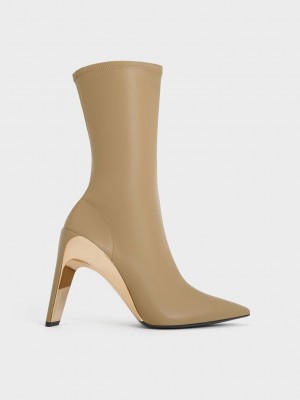 Charles & Keith Devon Metallic Blade-Heel Ankle Boots Grises Marrom | 8531479-HZ