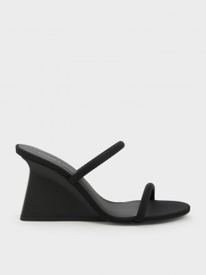 Charles & Keith Double Correa Wedge Mules Negros | 7230149-QX