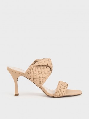 Charles & Keith Double Correa Woven Tacón Mules Beige | 4507312-BW