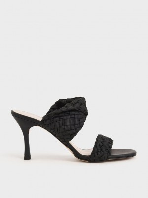 Charles & Keith Double Correa Woven Tacón Mules Negros | 6314980-KN