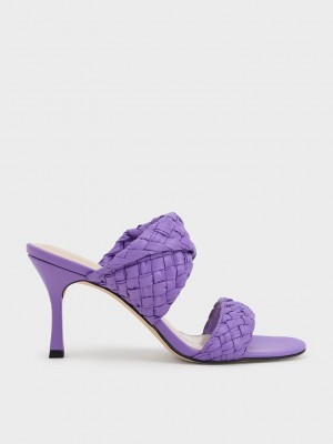 Charles & Keith Double Correa Woven Tacón Mules Morados | 6931745-SY
