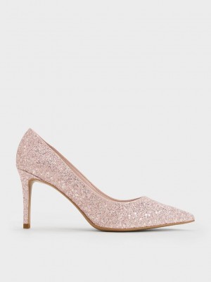 Charles & Keith Emmy Glittered Pointed-Puntera Pumps Rosas | 6820147-AD