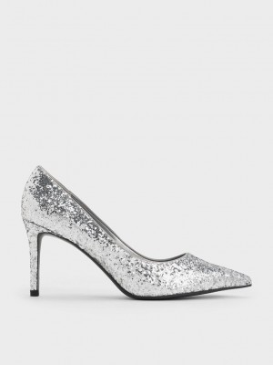Charles & Keith Emmy Glittered Pointed-Puntera Pumps Plateados | 8703126-RE