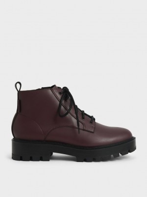 Charles & Keith Encaje-Up Fornido Ankle Boots Vino | 3471092-LB