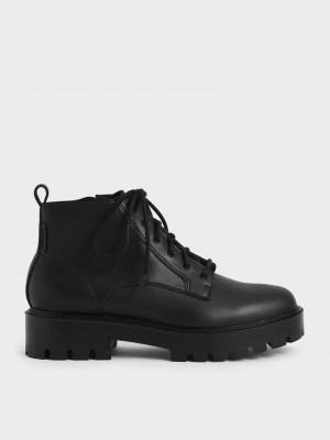 Charles & Keith Encaje-Up Fornido Ankle Boots Negros | 5872906-CE