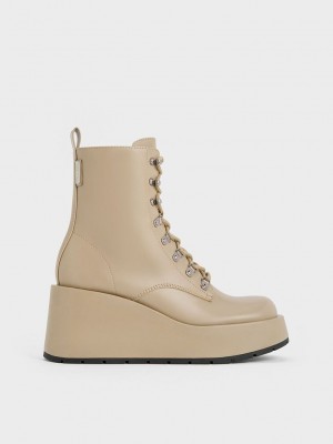 Charles & Keith Encaje-Up Plataforma Wedge Ankle Boots Grises Marrom | 5938602-KL