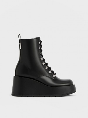 Charles & Keith Encaje-Up Plataforma Wedge Ankle Boots Negros | 6197805-BR