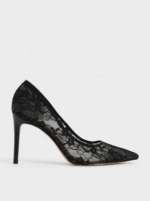 Charles & Keith Encaje Stiletto Pumps Negros | 0986257-QV