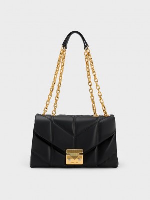 Charles & Keith Eudora Chevron Trapeze Bag Negros | 4932817-BL