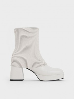 Charles & Keith Evie De Punto-Sock Ankle Boots Blancos | 1684237-HQ