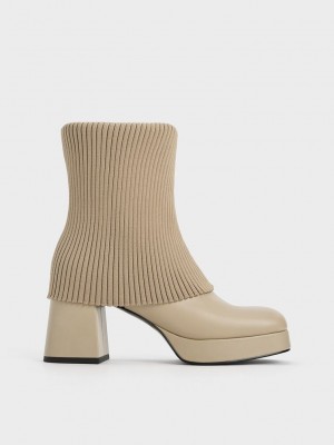 Charles & Keith Evie De Punto-Sock Ankle Boots Grises Marrom | 3095146-ZR