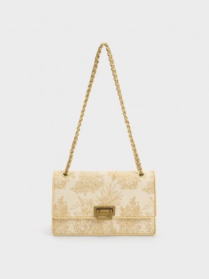 Charles & Keith Floral Illustrated Lona Shoulder Bag Beige | 9530874-ZN