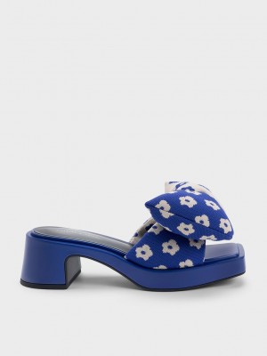 Charles & Keith Floral Puffy Bow Tacón Mules Azules | 3402789-LO