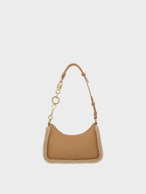 Charles & Keith Fur-Trim Lock & Key Chain Handle Bag Marrom | 6058297-JY