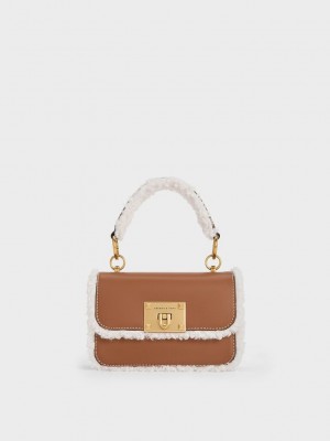 Charles & Keith Fur-Trim Structured Top Handle Bag Marrom | 2370541-YM