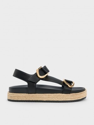 Charles & Keith Gabine Cuero Alpargata Sandals Negros | 7320981-BZ