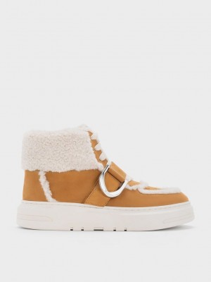 Charles & Keith Gabine Cuero Fur-Forro High-Top Sneakers Marrom | 1928456-YR