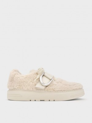 Charles & Keith Gabine Cuero Furry Sneakers Beige | 8571609-MO