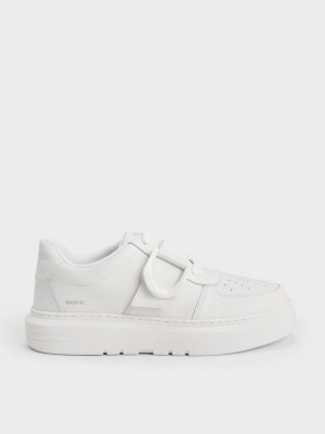 Charles & Keith Gabine Cuero Low-Top Sneakers Blancos | 3196452-SL