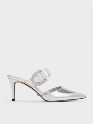 Charles & Keith Gabine Cuero Metallic Crystal-Embellished Mule Pumps Plateados | 7635280-TZ