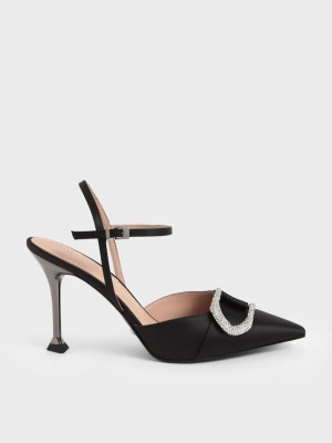 Charles & Keith Gabine Gem-Embellished Back Correa Pumps Negros | 8129640-GW