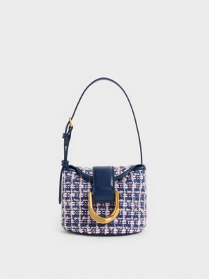 Charles & Keith Gabine Tweed Bucket Bag Azul Marino | 3950672-SQ