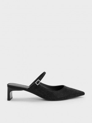 Charles & Keith Gem-Embellished Blade Heel Mules Negros | 7625194-AF