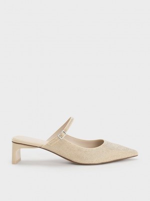 Charles & Keith Gem-Embellished Blade Heel Mules Beige | 9572861-FM