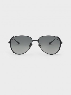 Charles & Keith Gem-Embellished Wireframe Aviator Sunglasses Negros | 3706185-FU