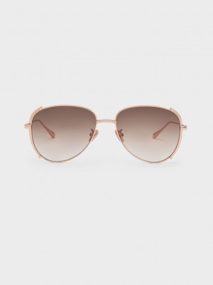 Charles & Keith Gem-Embellished Wireframe Aviator Sunglasses Rosas Dorados | 1869534-MF