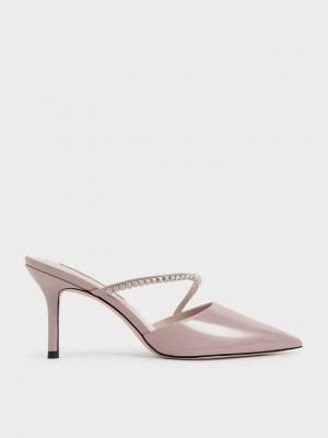 Charles & Keith Gem-Encrusted Charol Mules Grises Marrom | 6782349-CT