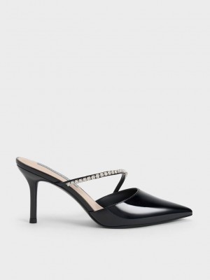 Charles & Keith Gem-Encrusted Charol Stiletto Mules Negros | 3750814-VZ