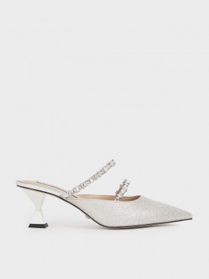 Charles & Keith Gem-Encrusted Metallic Glittered Mules Plateados | 3561780-NJ