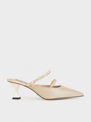 Charles & Keith Gem-Encrusted Metallic Glittered Mules Dorados | 6240951-LP