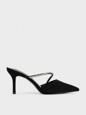 Charles & Keith Gem-Encrusted Textured Stiletto Mules Negros | 2348507-AS
