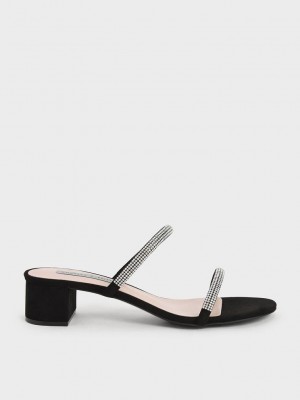 Charles & Keith Gem-Encrusted Tiras Tacón Mules Negros | 4850126-TL