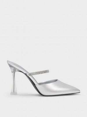 Charles & Keith Gem Correa Metallic Mules Plateados | 3905812-FN