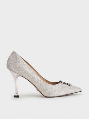 Charles & Keith Glitter Gem-Embellished Pumps Plateados | 3619825-GD
