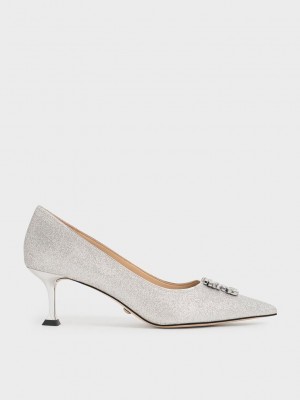 Charles & Keith Glittered Gem-Embellished Kitten Heel Pumps Plateados | 3895702-XM
