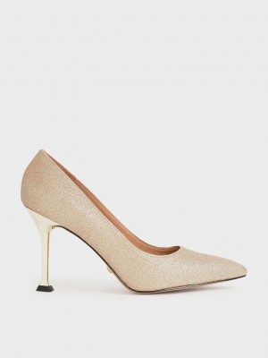 Charles & Keith Glittered Sculptural Stiletto Heel Pumps Dorados | 4056123-OI