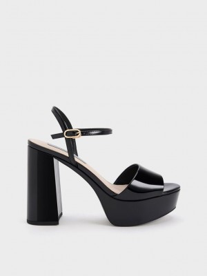 Charles & Keith Halle Peep-Puntera Charol Plataforma Sandals Negros | 3704698-IW