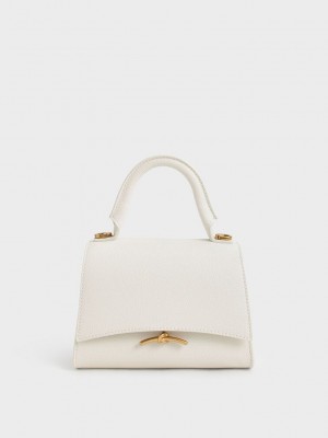 Charles & Keith Huxley Metallic Push-Lock Top Handle Bag Creme | 1240756-MR