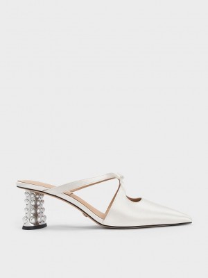 Charles & Keith Jacinda Beaded Heel Bow Mules Blancos | 7469015-EO