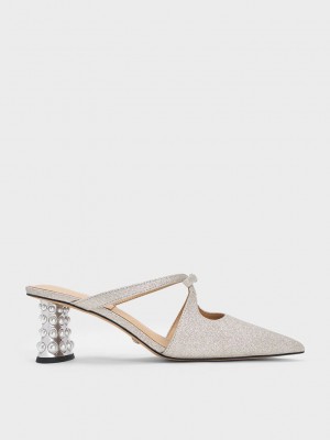 Charles & Keith Jacinda Beaded Heel Glittered Bow Mules Plateados | 3295780-FQ
