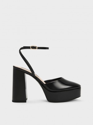 Charles & Keith Jemma Charol Plataforma Ankle-Correa Pumps Negros | 4896523-GM