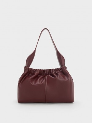 Charles & Keith Large Ally Ruched Slouchy Bag Vino | 7236801-BU
