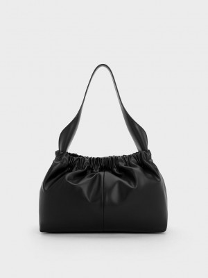 Charles & Keith Large Ally Ruched Slouchy Bag Negros | 0254986-BW