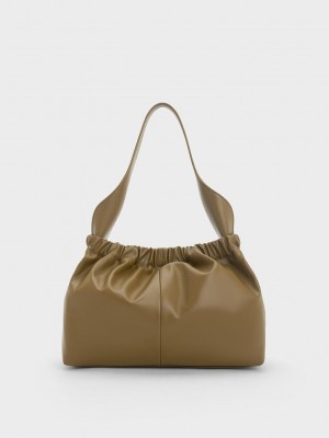 Charles & Keith Large Ally Ruched Slouchy Bag Kaki | 1743560-IW
