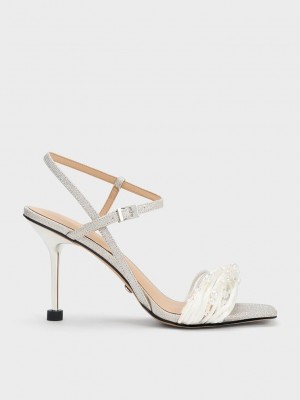 Charles & Keith Leda Beaded Asymmetric Glittered Sandals Plateados | 6014982-RL