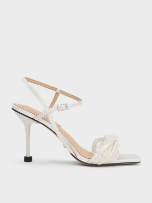 Charles & Keith Leda Beaded Asymmetric Satin Sandals Blancos | 8495271-OK